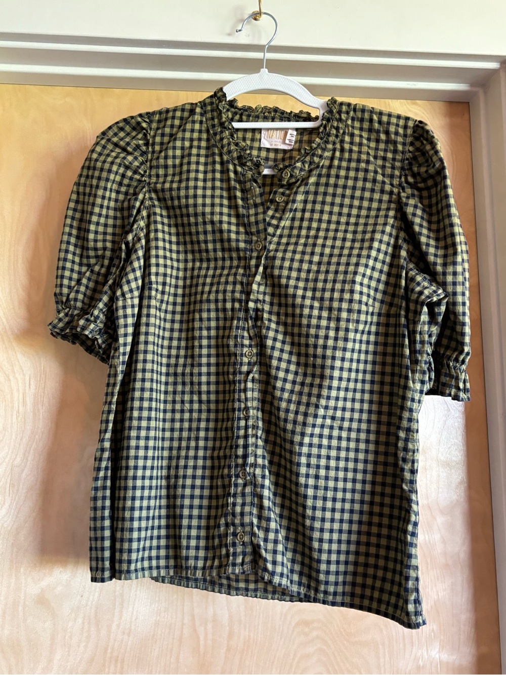 Nation LTD Gingham Ruffle Neck Puff Sleeve Button Top Olive Navy Pima Cotton S